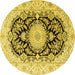 Round Machine Washable Medallion Yellow Traditional Rug, wshtr4587yw