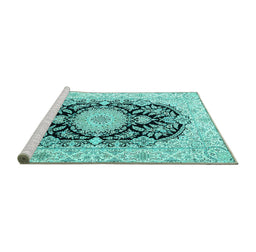 Sideview of Machine Washable Medallion Turquoise Traditional Area Rugs, wshtr4587turq