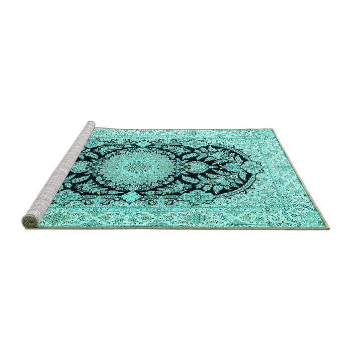 Sideview of Machine Washable Medallion Turquoise Traditional Area Rugs, wshtr4587turq