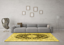 Machine Washable Medallion Yellow Traditional Rug in a Living Room, wshtr4587yw