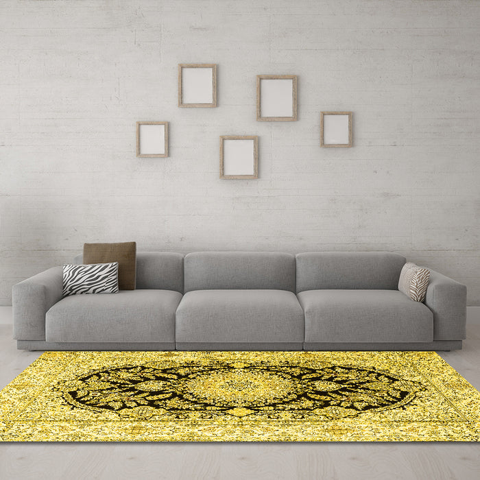 Machine Washable Medallion Yellow Traditional Rug in a Living Room, wshtr4587yw
