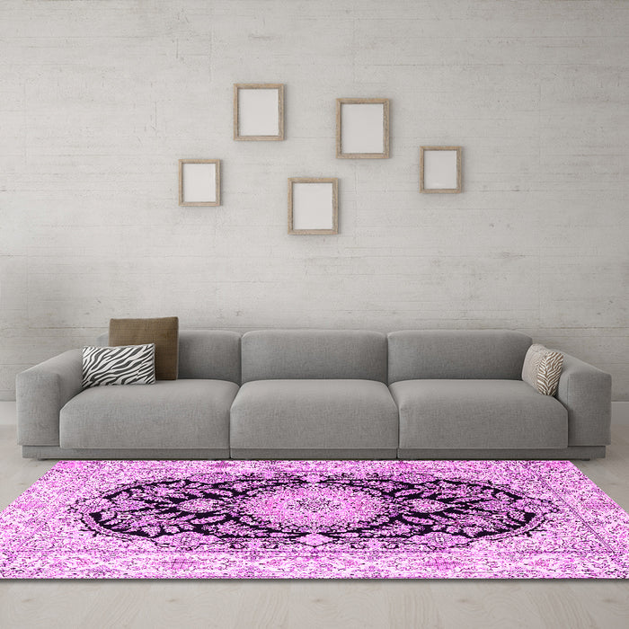 Machine Washable Medallion Pink Traditional Rug in a Living Room, wshtr4587pnk