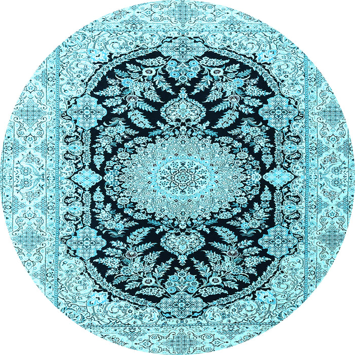 Round Machine Washable Medallion Light Blue Traditional Rug, wshtr4587lblu
