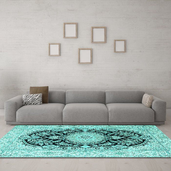 Machine Washable Medallion Turquoise Traditional Area Rugs in a Living Room,, wshtr4587turq