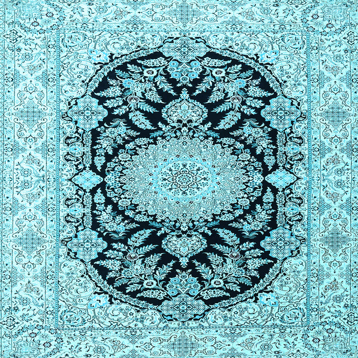 Square Machine Washable Medallion Light Blue Traditional Rug, wshtr4587lblu