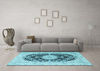 Machine Washable Medallion Light Blue Traditional Rug, wshtr4587lblu