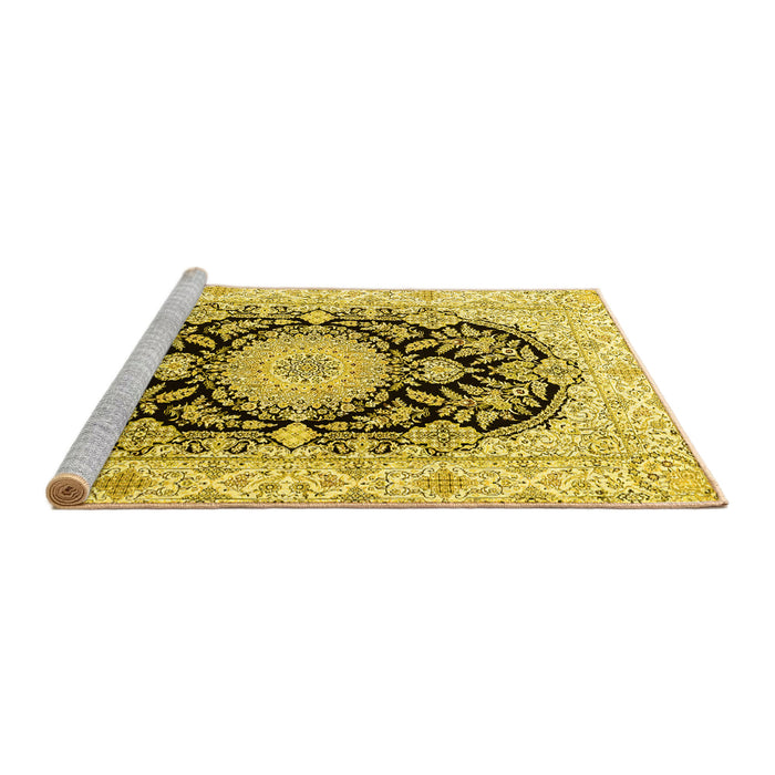 Sideview of Machine Washable Medallion Yellow Traditional Rug, wshtr4587yw