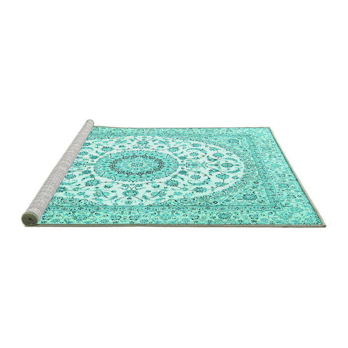 Sideview of Machine Washable Medallion Turquoise Traditional Area Rugs, wshtr4588turq