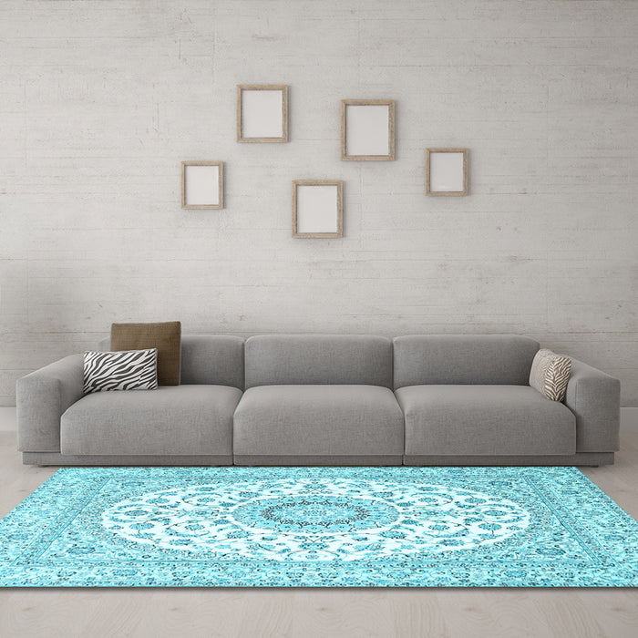 Machine Washable Medallion Light Blue Traditional Rug in a Living Room, wshtr4588lblu