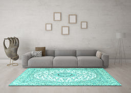 Machine Washable Medallion Turquoise Traditional Area Rugs in a Living Room,, wshtr4588turq