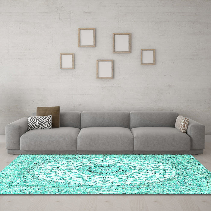 Machine Washable Medallion Turquoise Traditional Area Rugs in a Living Room,, wshtr4588turq