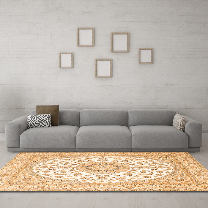 Machine Washable Medallion Orange Traditional Area Rugs in a Living Room, wshtr4588org