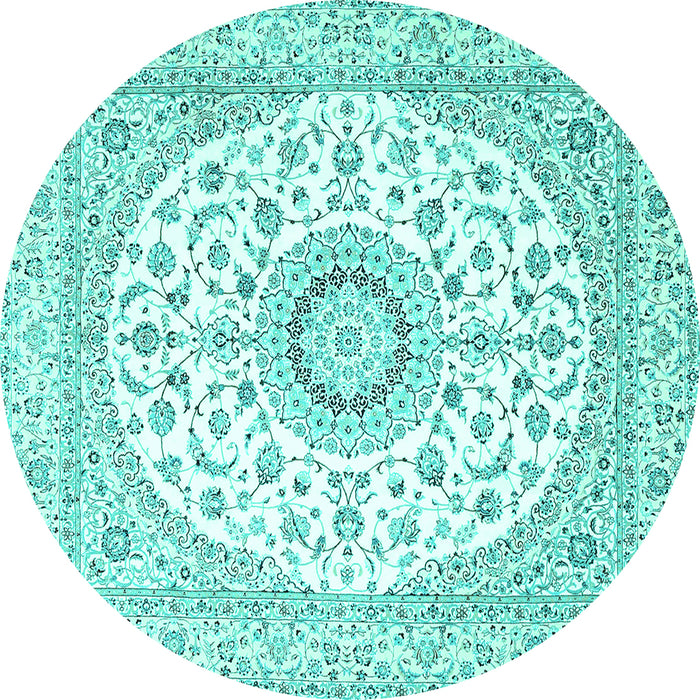 Round Machine Washable Medallion Turquoise Traditional Area Rugs, wshtr4588turq