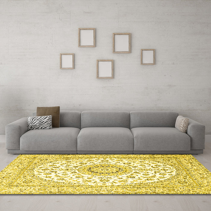 Machine Washable Medallion Yellow Traditional Rug in a Living Room, wshtr4588yw
