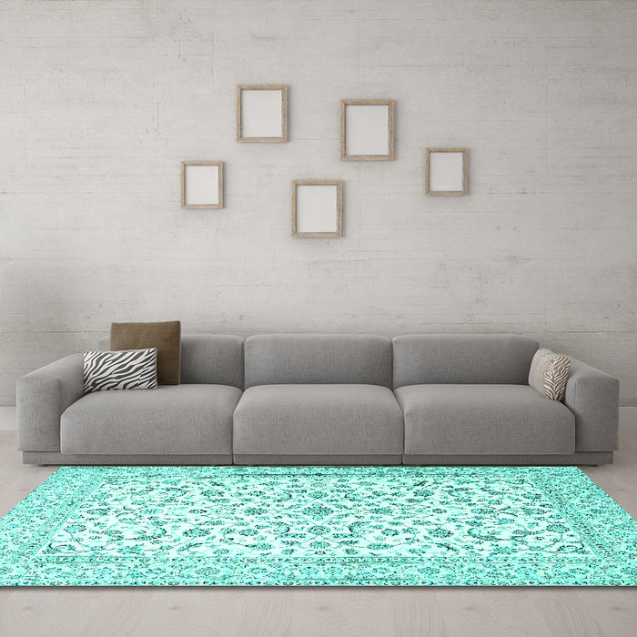Machine Washable Persian Turquoise Traditional Area Rugs in a Living Room,, wshtr4589turq