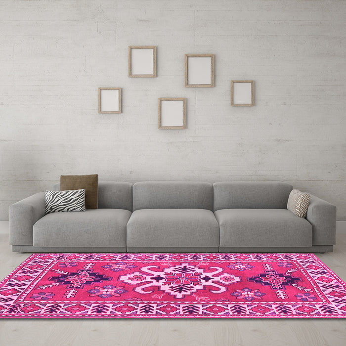 Machine Washable Geometric Pink Traditional Rug in a Living Room, wshtr458pnk
