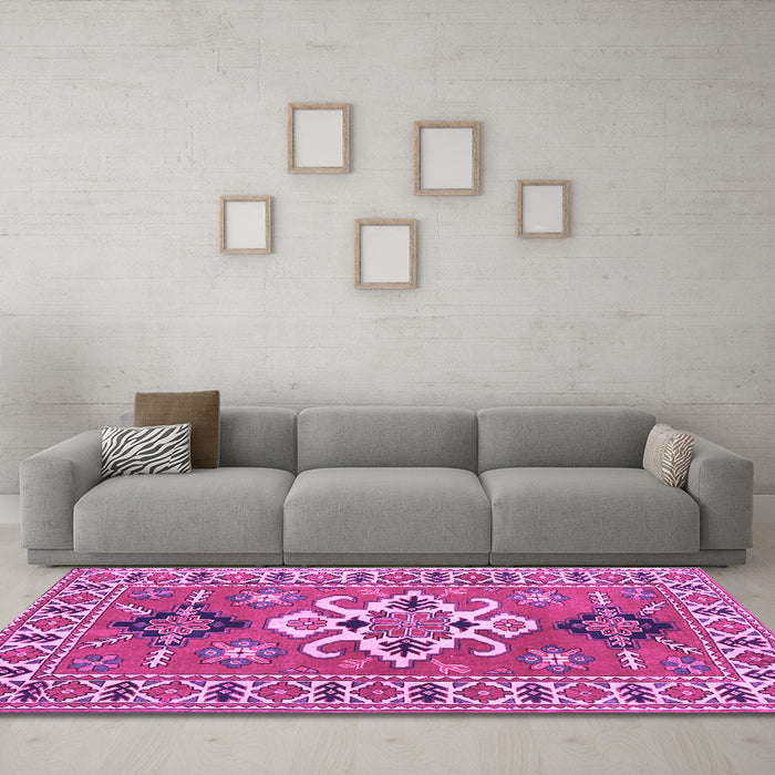 Machine Washable Geometric Purple Traditional Area Rugs in a Living Room, wshtr458pur
