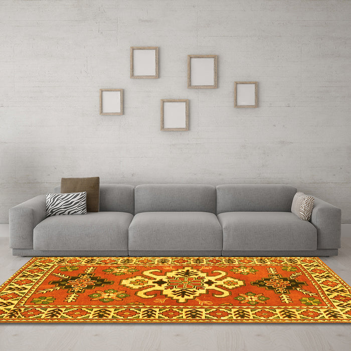 Machine Washable Geometric Yellow Traditional Rug in a Living Room, wshtr458yw