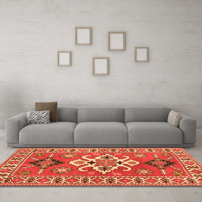 Machine Washable Geometric Orange Traditional Area Rugs in a Living Room, wshtr458org