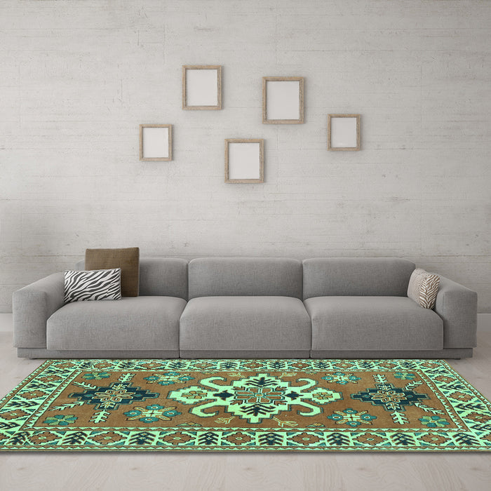 Machine Washable Geometric Turquoise Traditional Area Rugs in a Living Room,, wshtr458turq