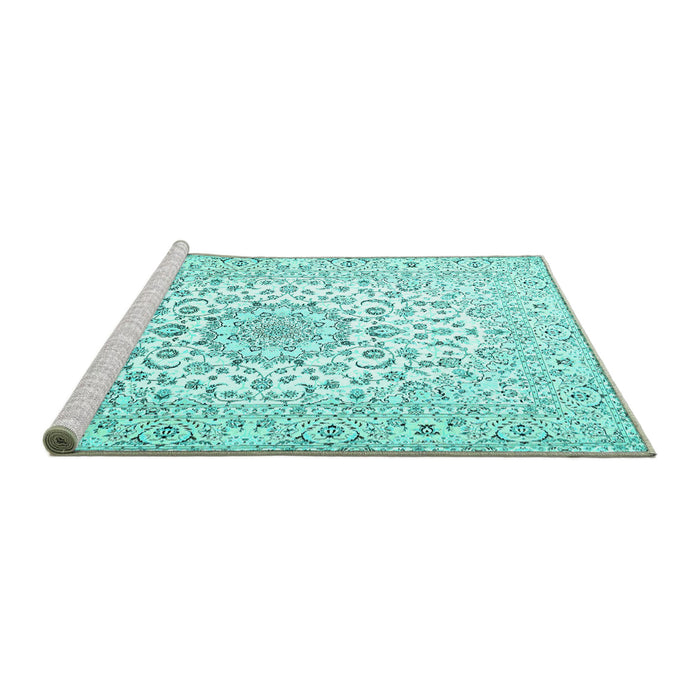 Sideview of Machine Washable Medallion Turquoise Traditional Area Rugs, wshtr4590turq