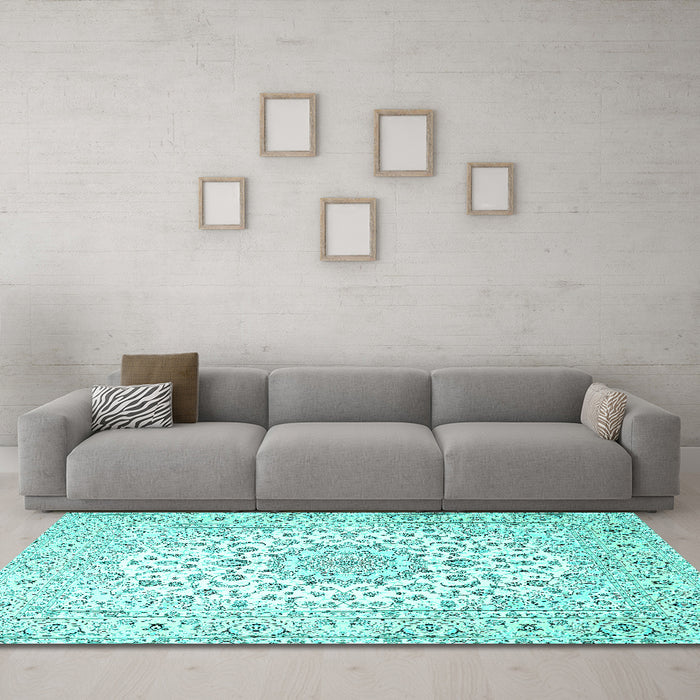 Machine Washable Medallion Turquoise Traditional Area Rugs in a Living Room,, wshtr4590turq