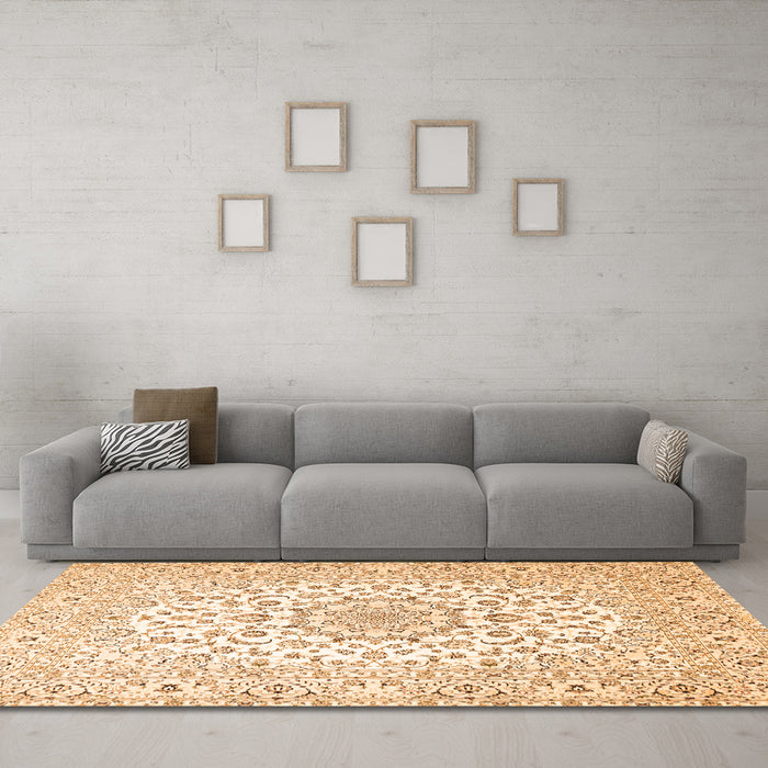 Machine Washable Medallion Orange Traditional Area Rugs in a Living Room, wshtr4590org