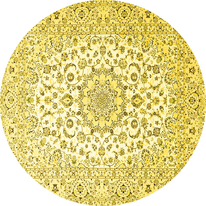 Round Machine Washable Medallion Yellow Traditional Rug, wshtr4590yw