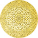 Round Machine Washable Medallion Yellow Traditional Rug, wshtr4590yw