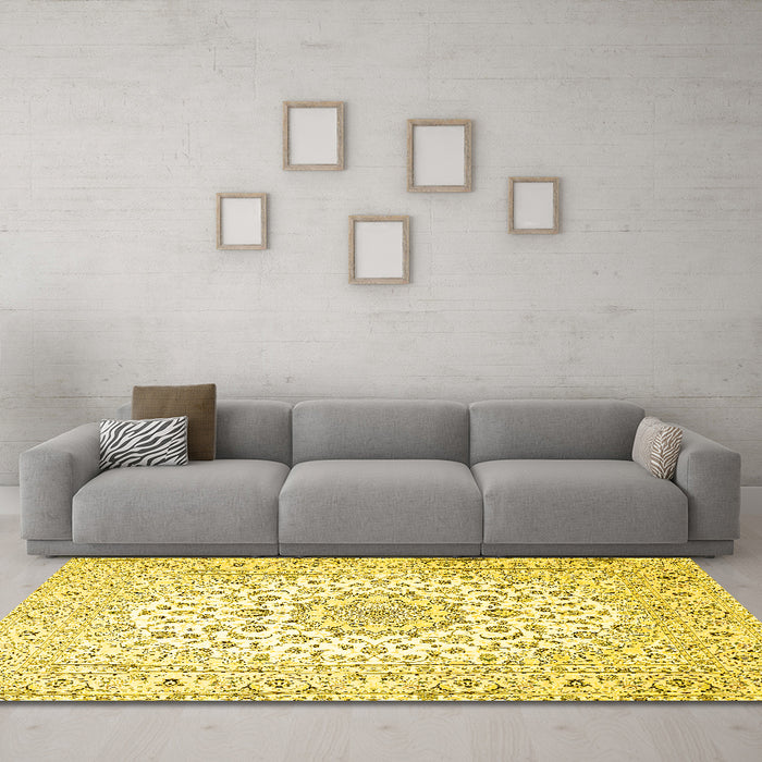 Machine Washable Medallion Yellow Traditional Rug in a Living Room, wshtr4590yw
