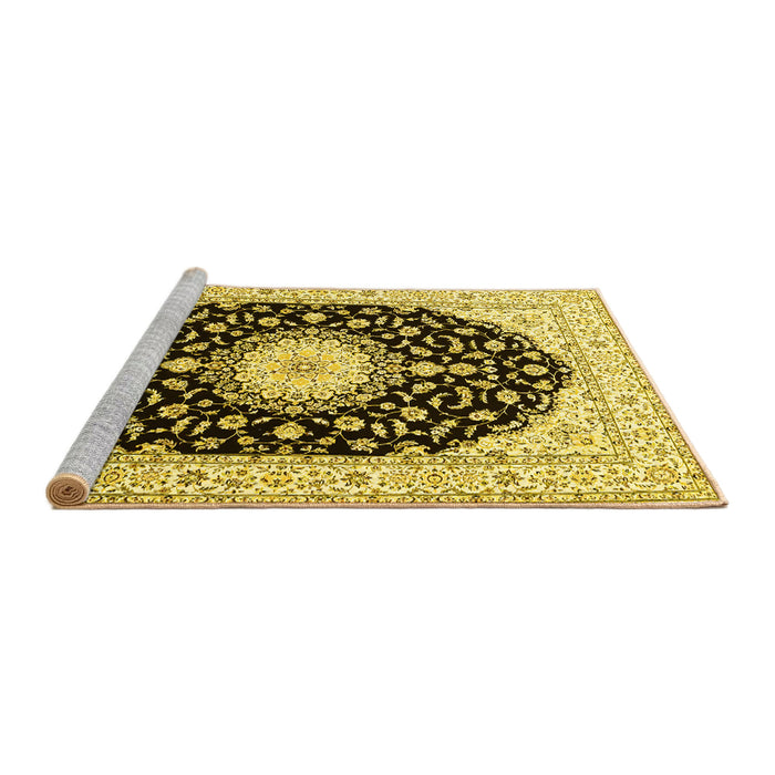 Sideview of Machine Washable Medallion Yellow Traditional Rug, wshtr4591yw