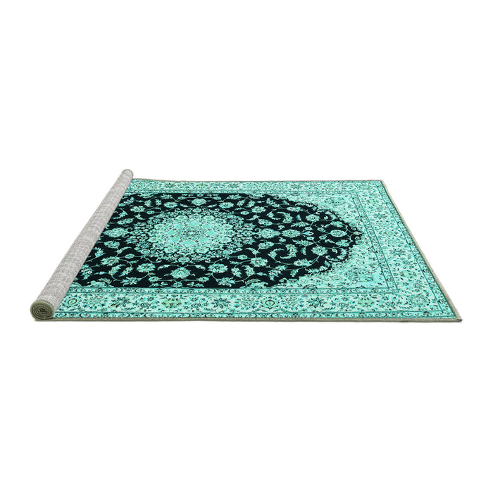 Sideview of Machine Washable Medallion Turquoise Traditional Area Rugs, wshtr4591turq