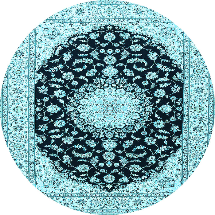 Round Machine Washable Medallion Light Blue Traditional Rug, wshtr4591lblu