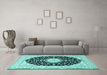 Machine Washable Medallion Turquoise Traditional Area Rugs in a Living Room,, wshtr4591turq