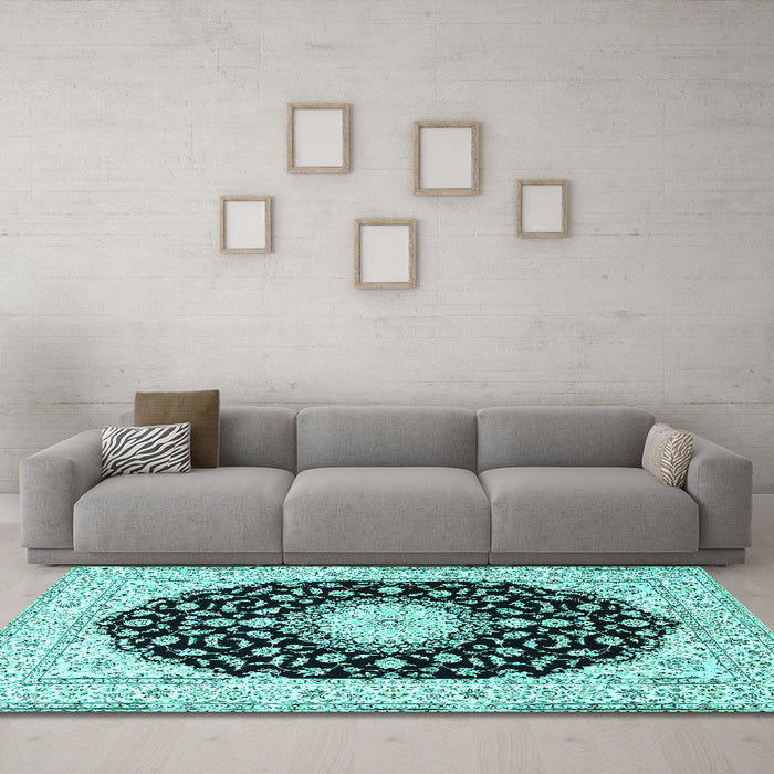 Machine Washable Medallion Turquoise Traditional Area Rugs in a Living Room,, wshtr4591turq