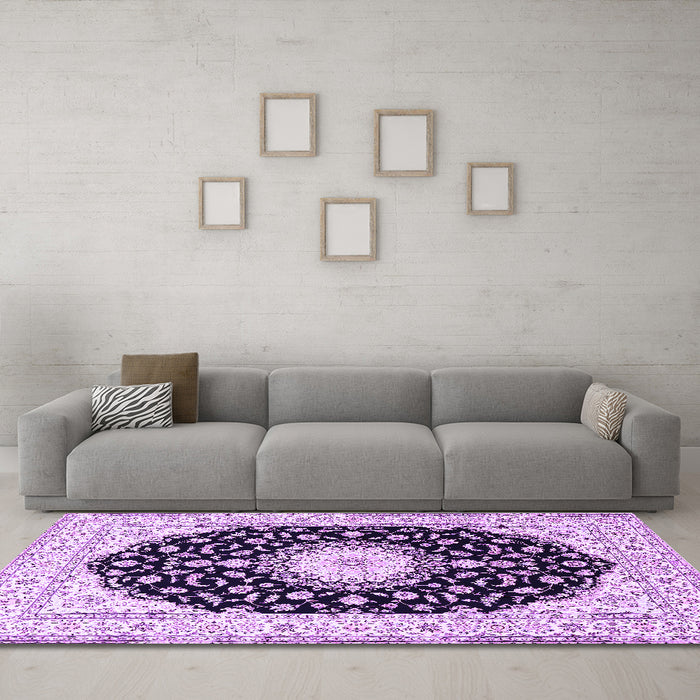 Machine Washable Medallion Purple Traditional Area Rugs in a Living Room, wshtr4591pur