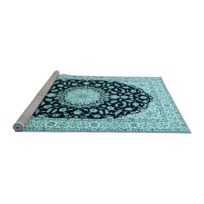Sideview of Machine Washable Medallion Light Blue Traditional Rug, wshtr4591lblu