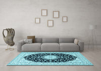 Machine Washable Medallion Light Blue Traditional Rug, wshtr4591lblu