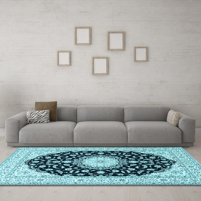 Machine Washable Medallion Light Blue Traditional Rug in a Living Room, wshtr4591lblu