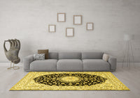 Machine Washable Medallion Yellow Traditional Rug, wshtr4591yw