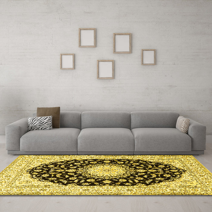 Machine Washable Medallion Yellow Traditional Rug in a Living Room, wshtr4591yw