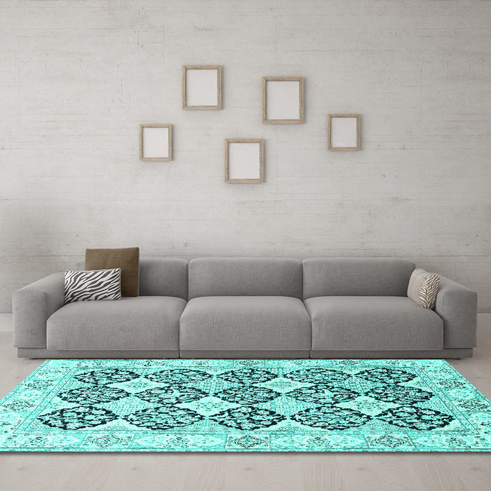 Machine Washable Persian Turquoise Traditional Area Rugs in a Living Room,, wshtr4592turq