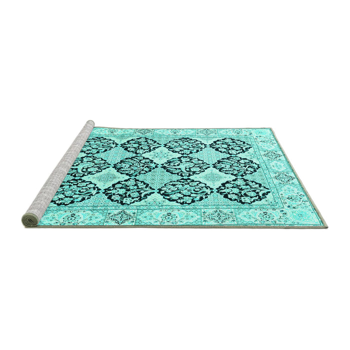 Sideview of Machine Washable Persian Turquoise Traditional Area Rugs, wshtr4592turq