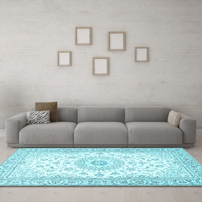 Machine Washable Medallion Light Blue Traditional Rug in a Living Room, wshtr4593lblu