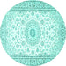 Round Machine Washable Medallion Turquoise Traditional Area Rugs, wshtr4593turq