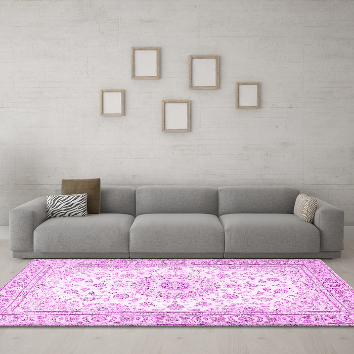 Machine Washable Medallion Pink Traditional Rug in a Living Room, wshtr4593pnk