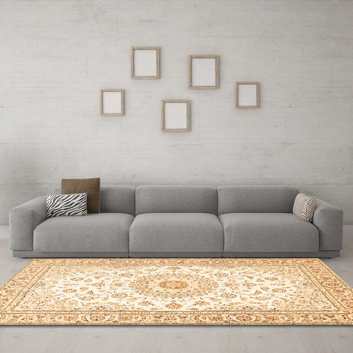 Machine Washable Medallion Orange Traditional Area Rugs in a Living Room, wshtr4593org