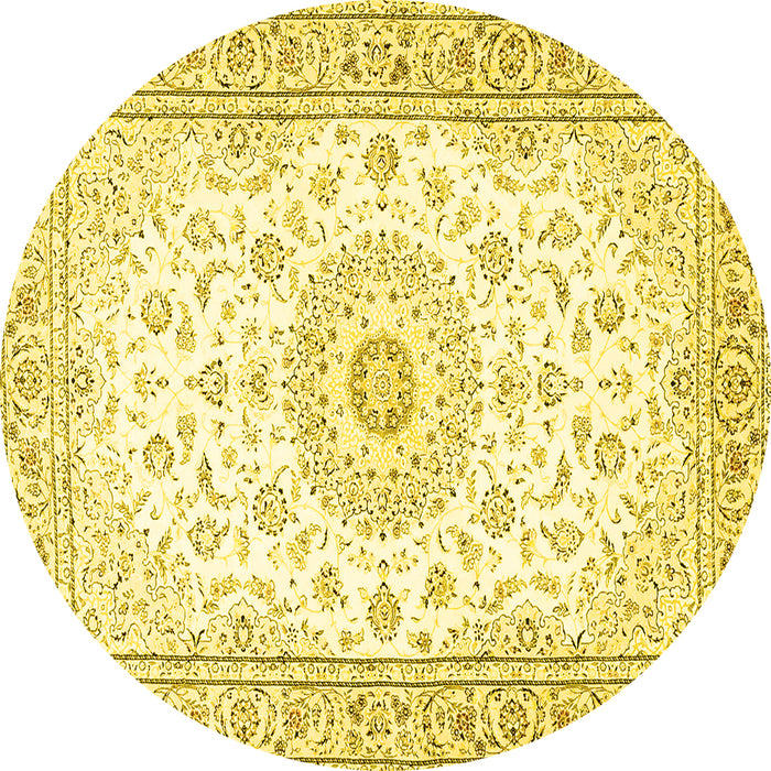 Round Machine Washable Medallion Yellow Traditional Rug, wshtr4593yw