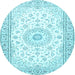 Round Machine Washable Medallion Light Blue Traditional Rug, wshtr4593lblu