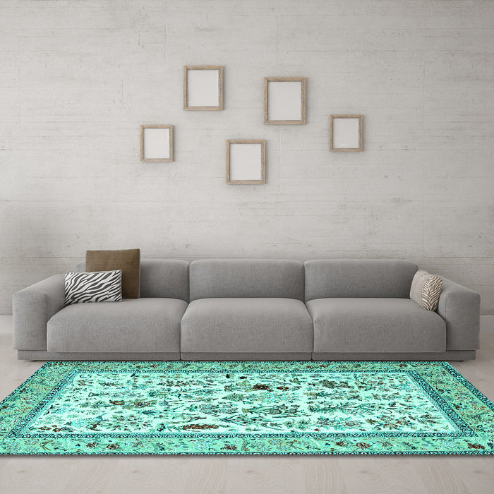 Machine Washable Persian Turquoise Traditional Area Rugs in a Living Room,, wshtr4594turq